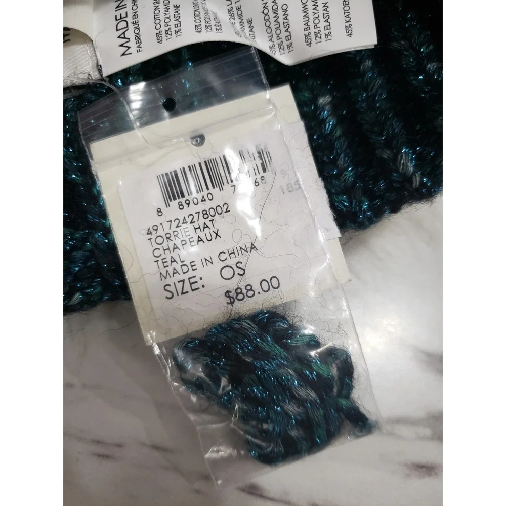 NEW Club Monaco Teal Beanie Torrie Hat Metallic Alpaca Wool Italian Yarn Sparkle